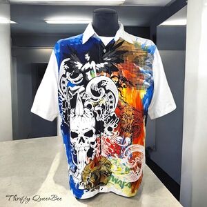 Bluez Short Sleeve Graffiti Hip Hop Skater Button Up Mens Size L Shirt Polyester